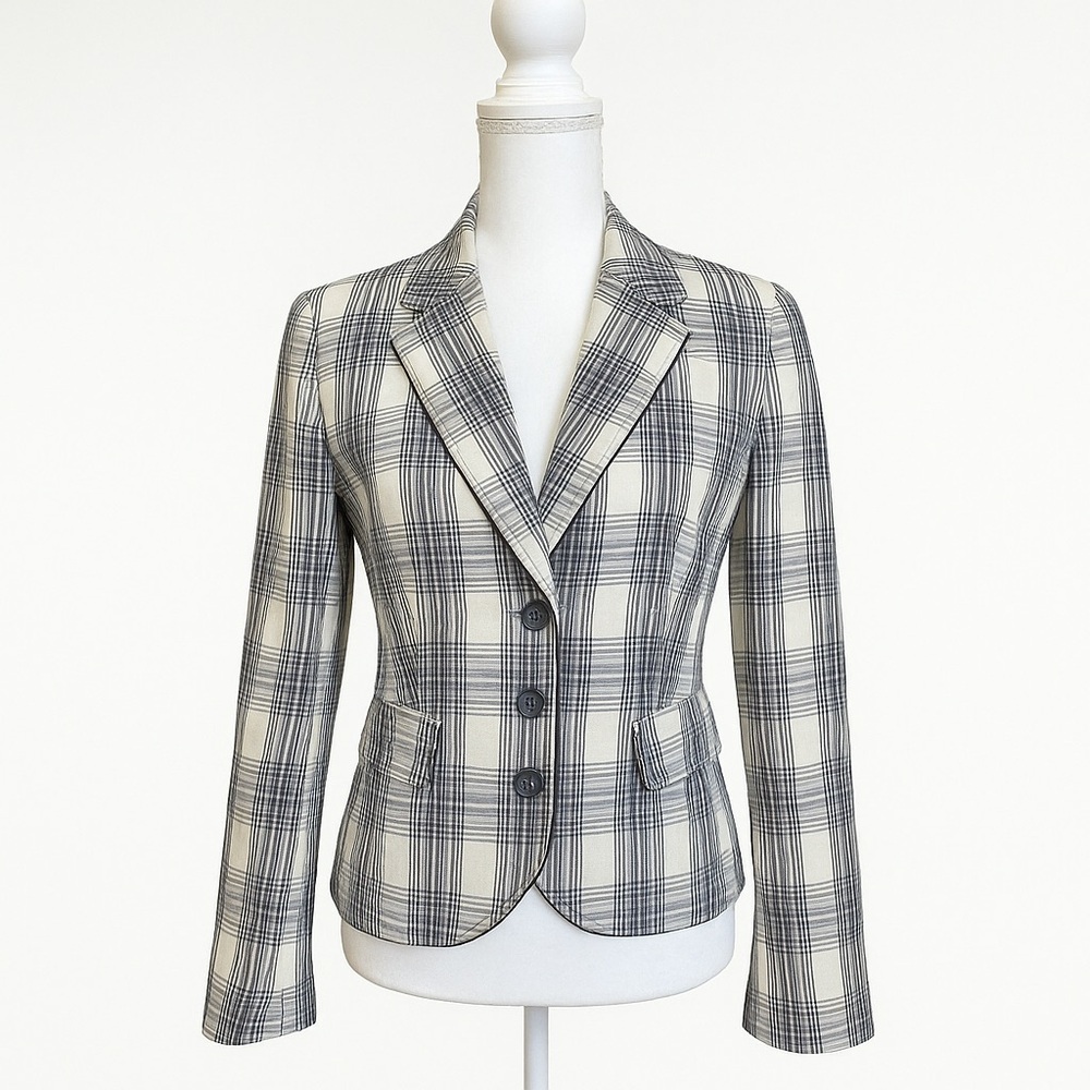 Gerry Weber Classic Tailored Black Quiet Luxury White Plaid Blazer Preppy Size 6 - Picture 3 of 8
